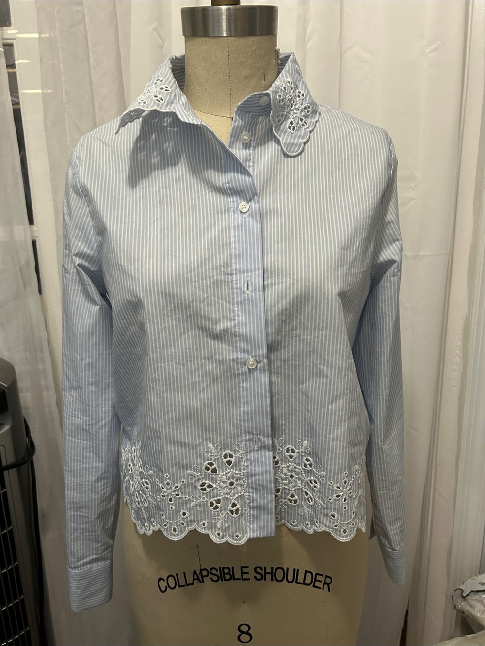Zara Pale Blue Pinstripe Button-Down Shirt with Eyelet Trim